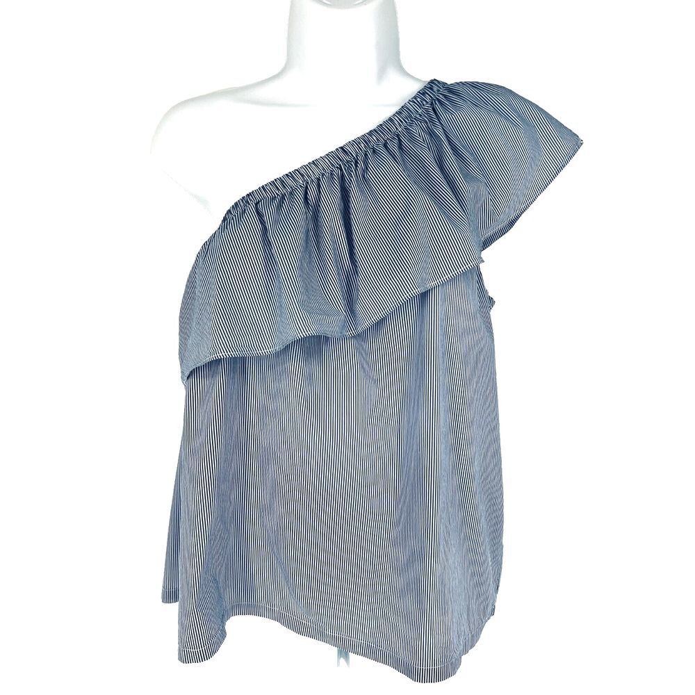 AQUA One Shoulder Top Blouse Womens Size S Blue Stripe White Ruffle Sleeveless